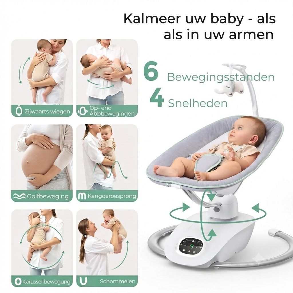 Elektrische babywipper met liggende baby, toont verschillende schommelmodi en instellingen.