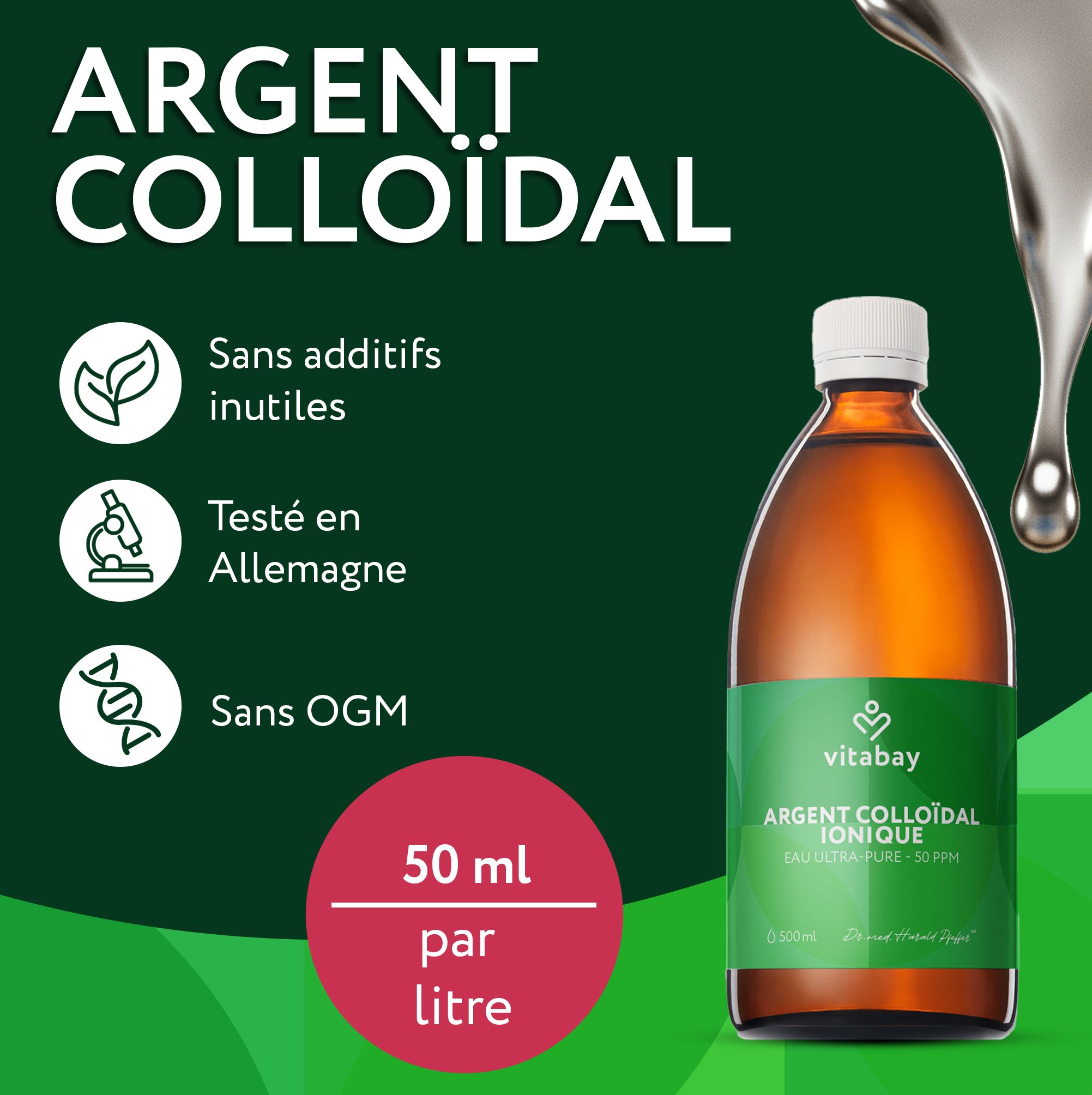 Bouteille en verre brun avec étiquette verte, 500ml. Texte sur 99,99% d'argent pur, sans chlorure d'argent, protéines ni sels.