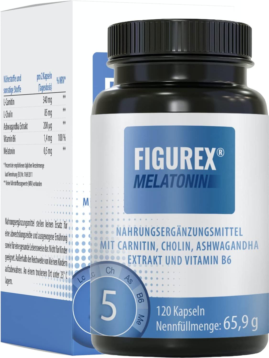 Flacon noir avec étiquette blanche. Inscription : FIGUREX Melatonin. Contient 120 gélules. Ingrédients et valeurs nutritionnelles sont listés.