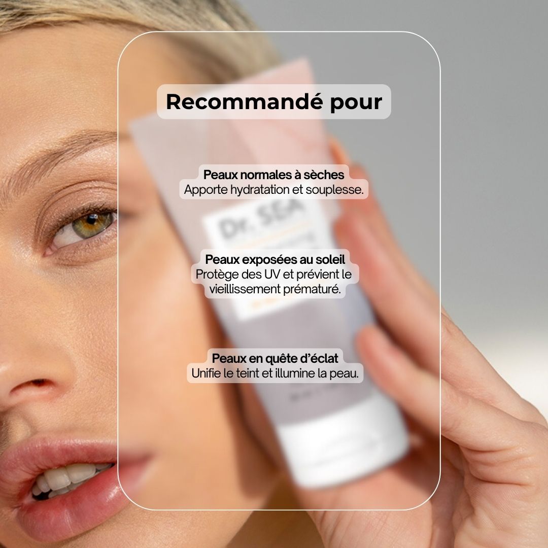 Tube de crème avec texte. Inscription : Dr. SEA, Moisturising & Protective Face Cream SPF30+. Avec texte sur les ingrédients.