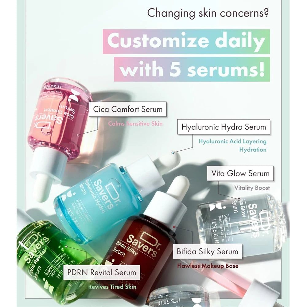 Cinq flacons de sérum avec compte-gouttes. Inscription : Dr. Savers. Différentes couleurs. Textes : Cica Comfort, Hyaluronic Hydro, Vita Glow, PDRN Revital, Bifida Silky.