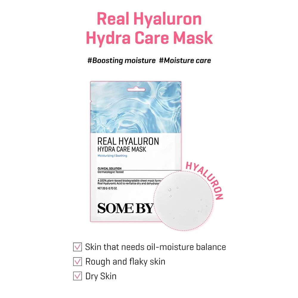 Emballage du SOMEBYMI Real Hyaluron Hydra Care Mask. Contient un masque et un échantillon rond. Texte: Real Hyaluron Hydra Care Mask.