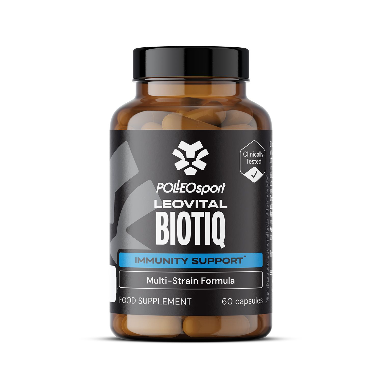 Bruine fles met capsules. Opschrift: POLLEO Sport LEOVITAL BIOTIQ, IMMUNITY SUPPORT, Multi-Strain Formula, 60 capsules. Keurmerk "Clinically Tested".
