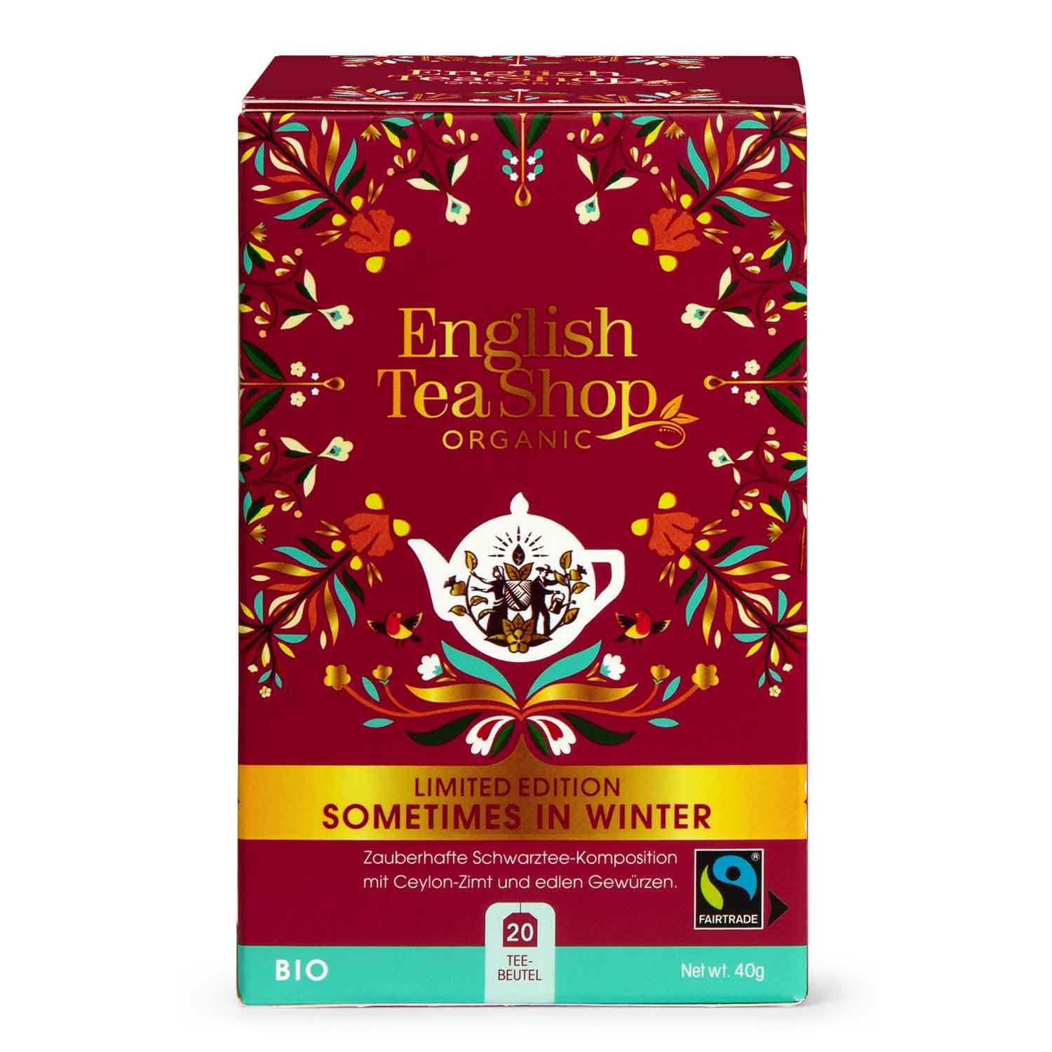 Rode doos met bloemmotief. Opschrift: English Tea Shop Organic, Limited Edition Sometimes in Winter, 20 theezakjes, Bio, Fairtrade.
