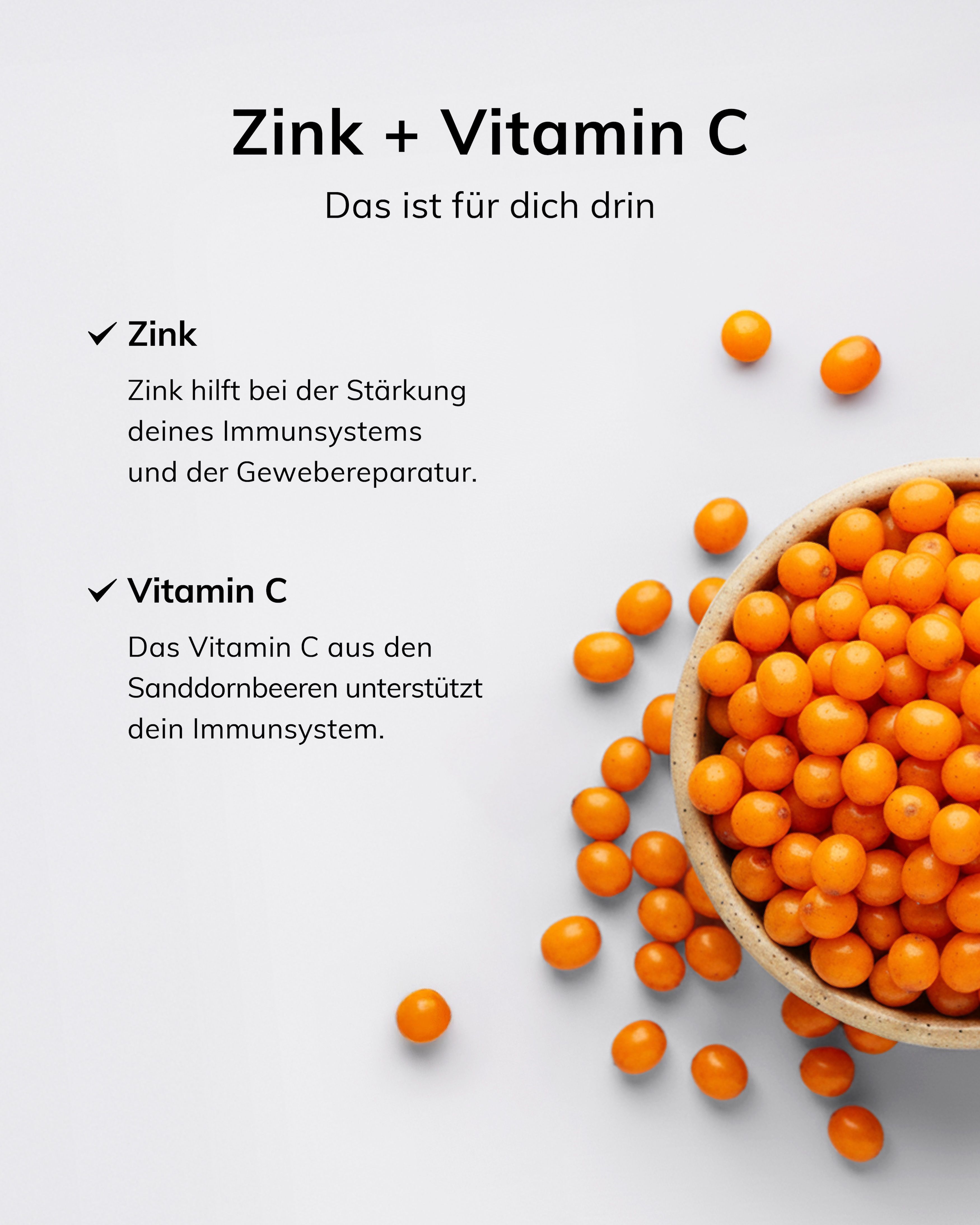 Zinc et vitamine C avec baies d'argousier. Le texte explique les bienfaits pour le système immunitaire.