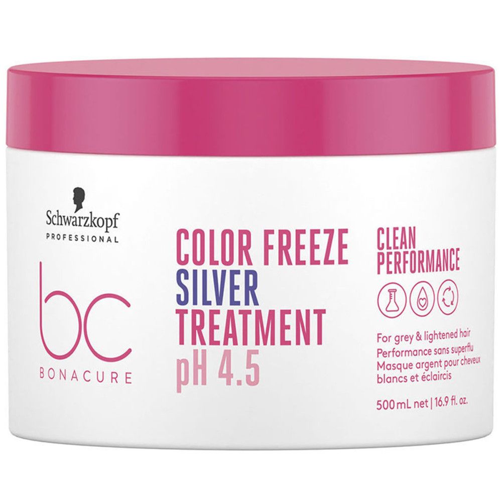 Witte pot met roze deksel. Opschrift: Schwarzkopf, BC Bonacure, Color Freeze Silver Treatment pH 4.5. Voor grijs en gebleekt haar.