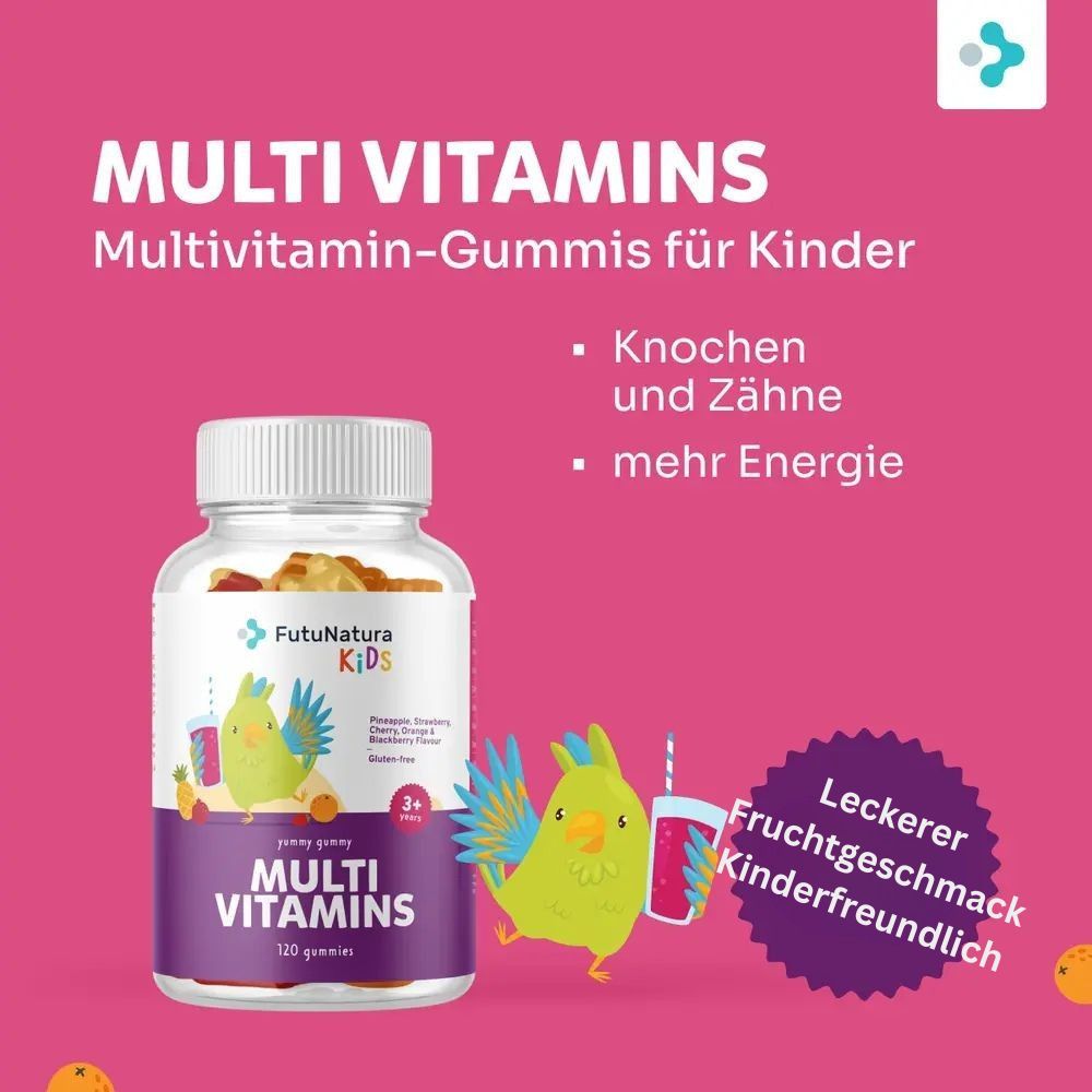 Bouteille FutuNatura Kids Multi Vitamins. Bonbons dans le verre. Texte: Multi Vitamins, os et dents, plus d'énergie, goût fruité savoureux.