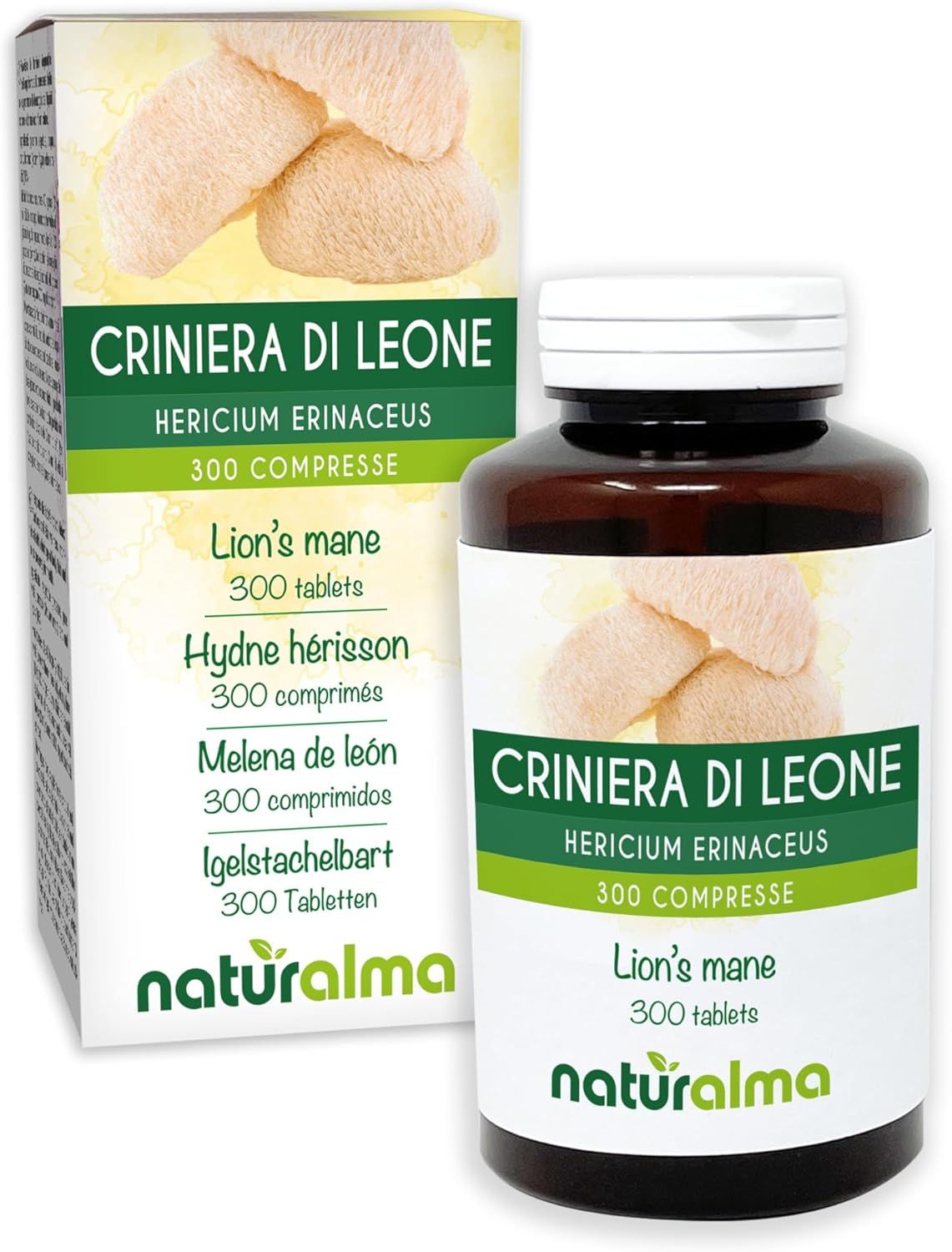 Emballage et flacon du produit. Texte: Crinière de Lion, 300 comprimés. Logo Naturalma. Comprimés de crinière de lion.