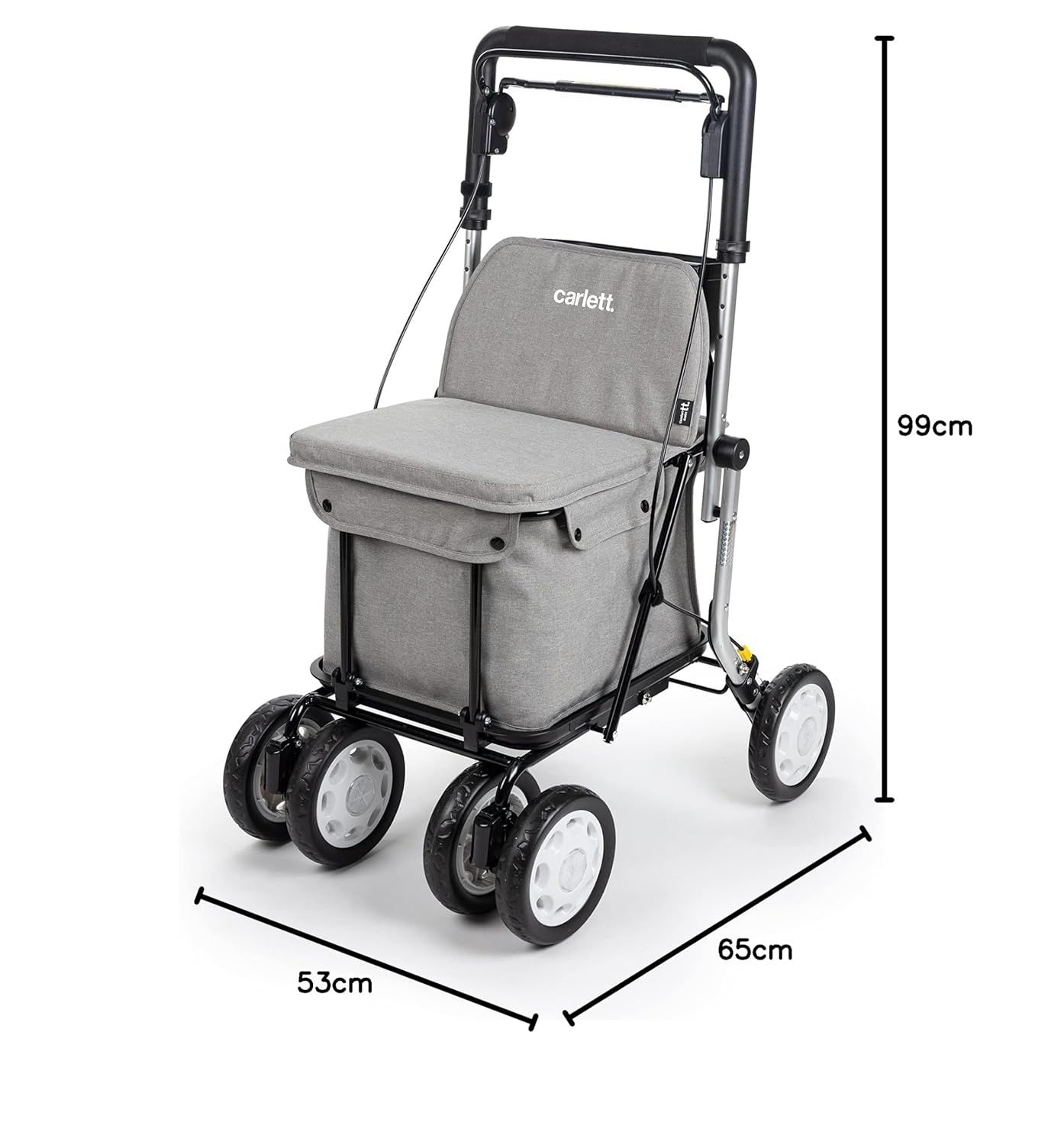 Grijze rollator met zitje, boodschappentas, vier wielen, zilverkleurig frame. Afmetingen 99x65x53cm.