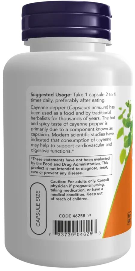Dos du flacon. Étiquette orange avec instructions d'utilisation. Texte : "Cayenne pepper". Code 4625B V4.