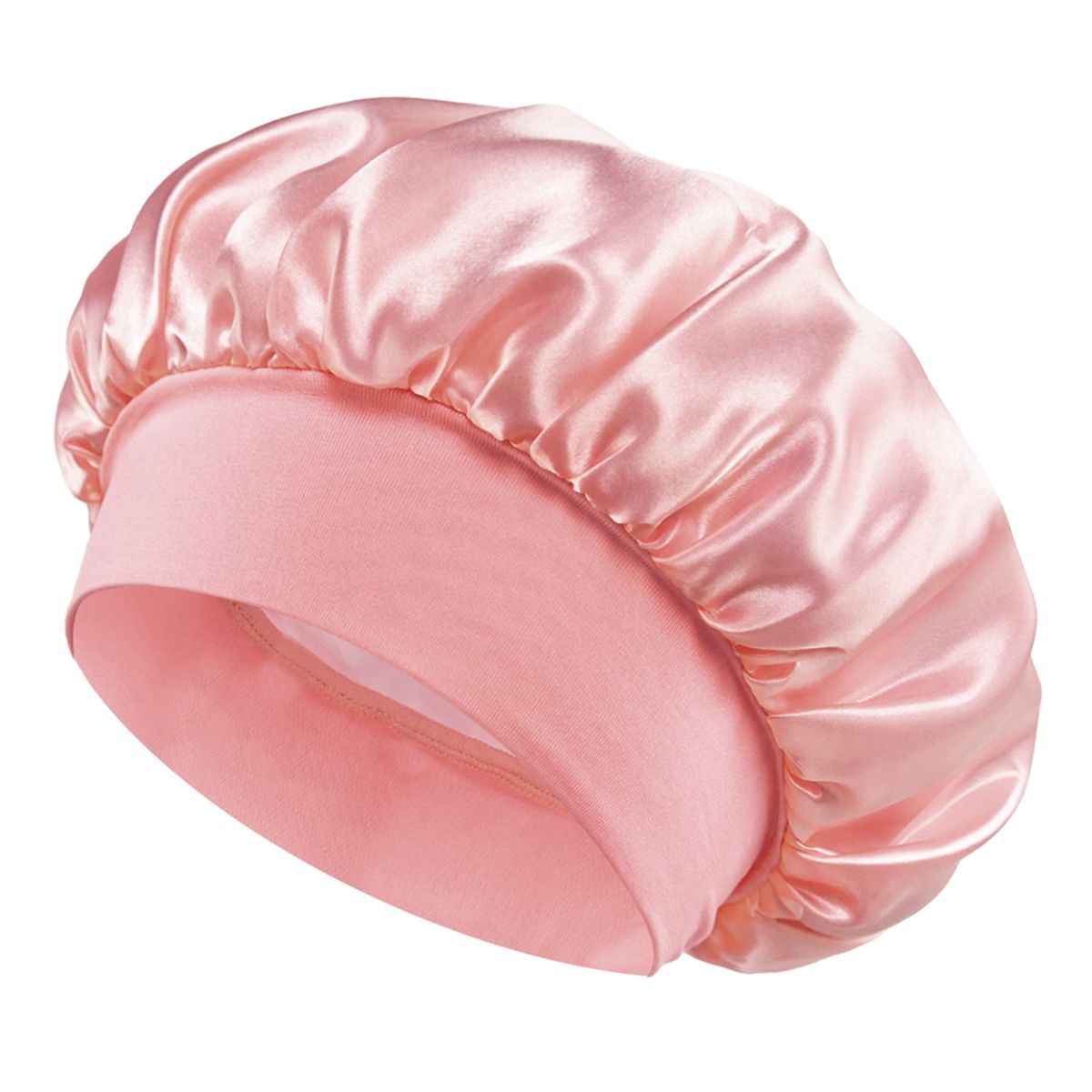 Un bonnet de nuit en satin rose avec une large bande élastique.