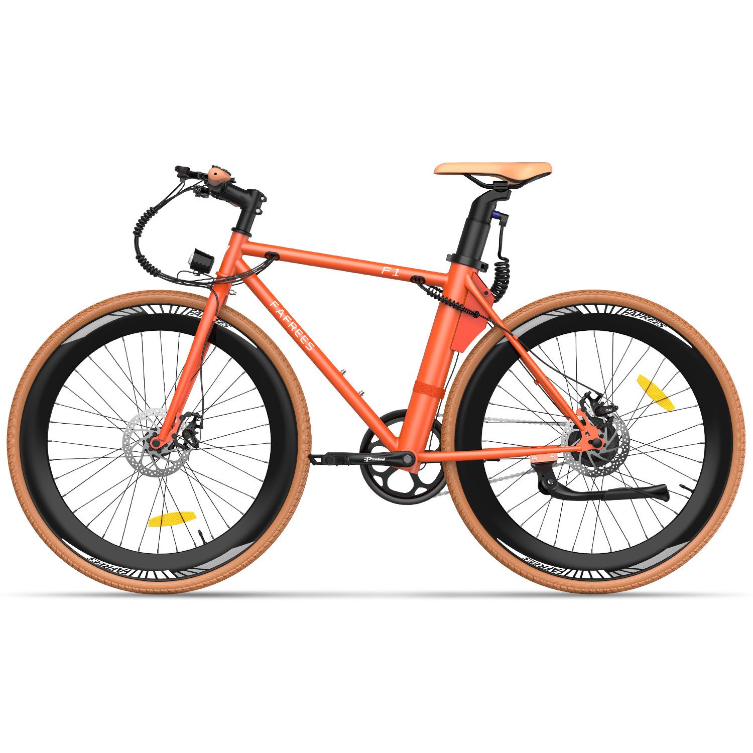 Oranje elektrische fiets met bruine banden en zadel. Fafrees-logo en F1-modelaanduiding zichtbaar.