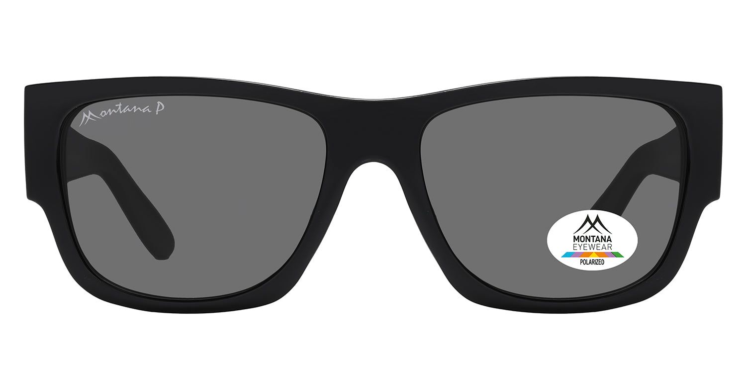 Lunettes de soleil noires avec verres gris. Logo Montana Eyewear et autocollant Polarized. Forme rectangulaire.