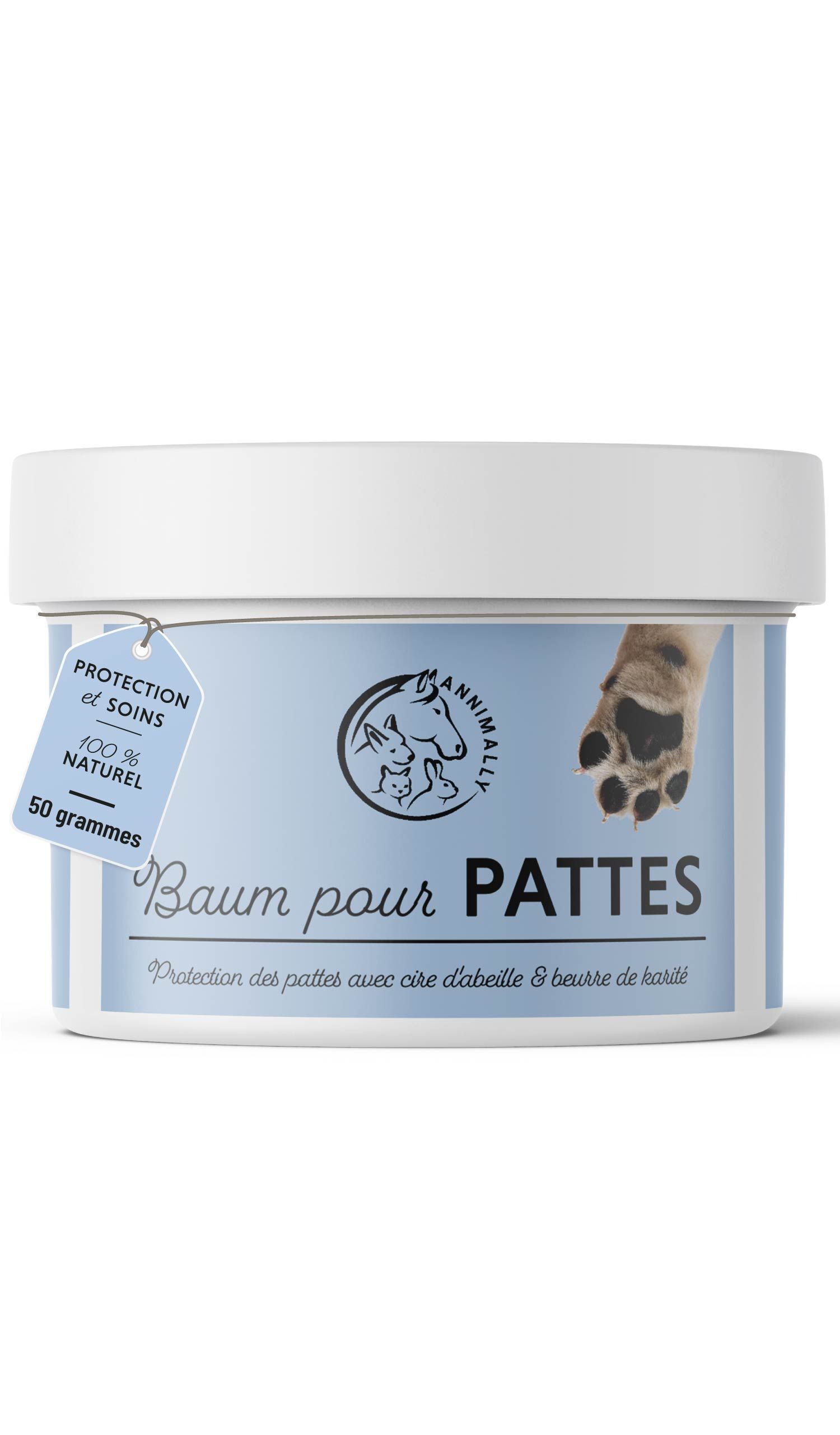 Pot de baume pour pattes. Inscription : Baum pour PATTES, 50 grammes. Logo Annimally. 100% naturel.