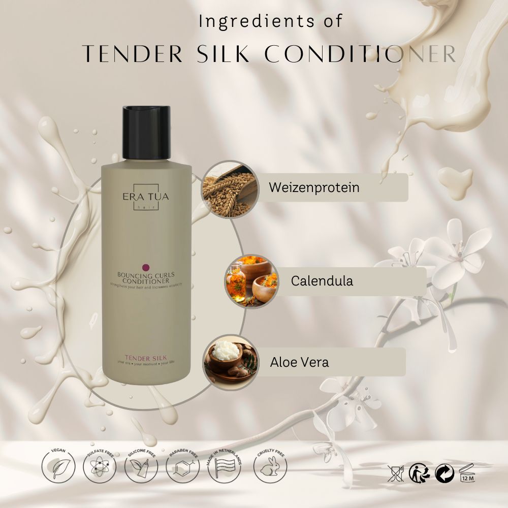 Flacon de revitalisant. Texte: Era Tua, Tender Silk Conditioner. Ingrédients: Protéines de blé, Calendula, Aloe Vera. Label vegan.