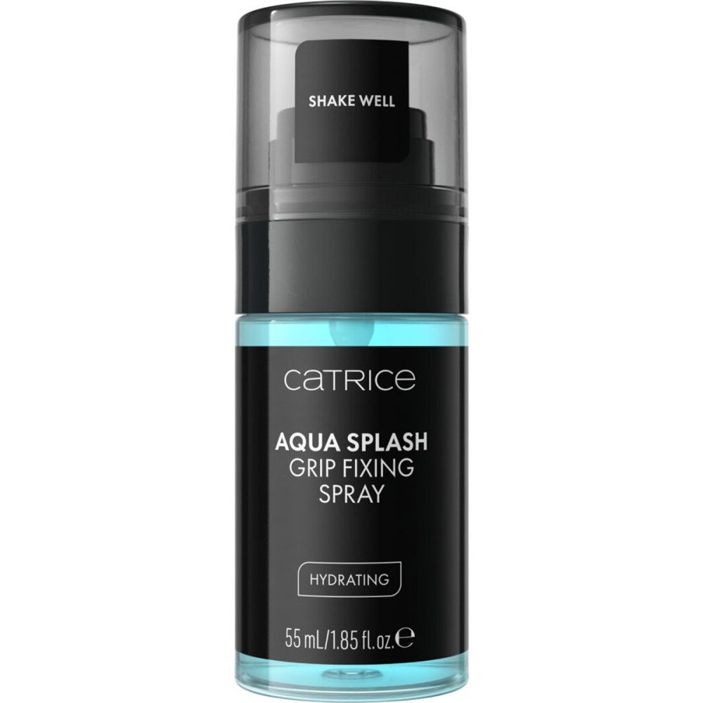 Flacon spray noir avec liquide bleu. Inscription: Catrice, Aqua Splash Grip Fixing Spray. Hydratant. 55 ml/1.85 fl.oz.e.