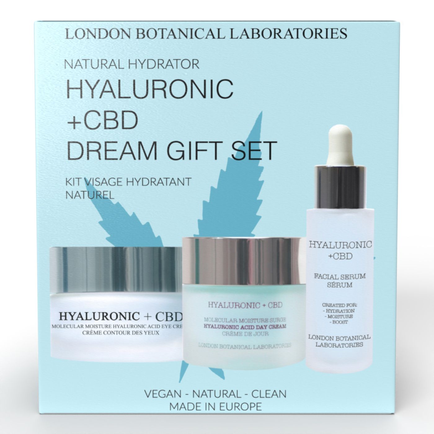 Cadeauset met drie producten. Bevat crème, oogcrème en serum. Opschrift: Hyaluronic + CBD Dream Gift Set.