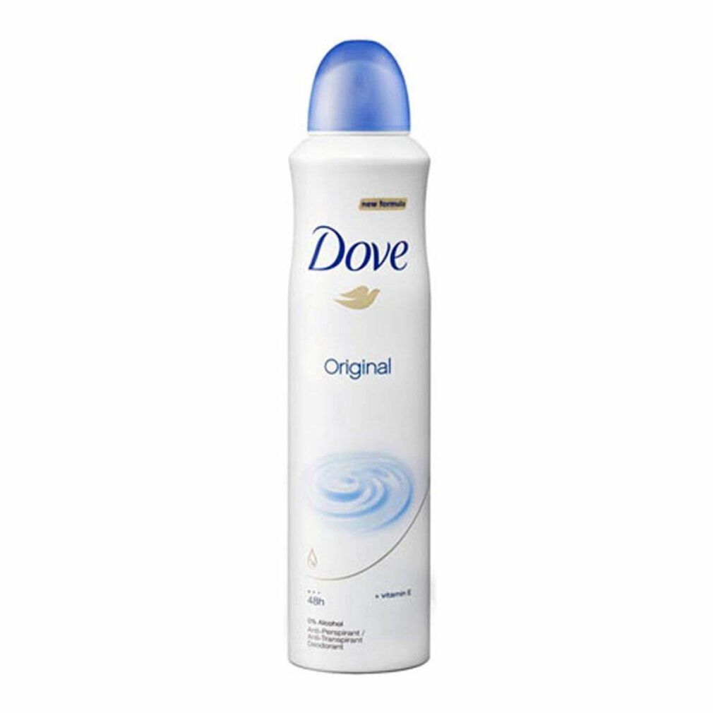 Dove Original Anti-Transpirant Deodorant Spray. Witte spray met blauwe dop. Dove-logo en 'Original' zichtbaar.