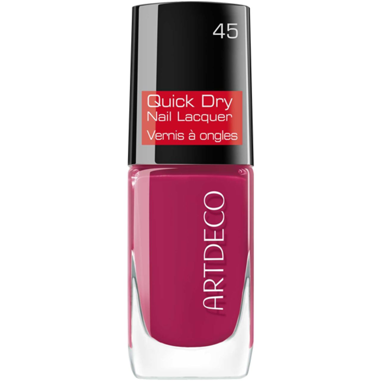 Rode nagellakfles. Zwarte dop, rood etiket met tekst. Merk Artdeco. Kleurnummer 45.
