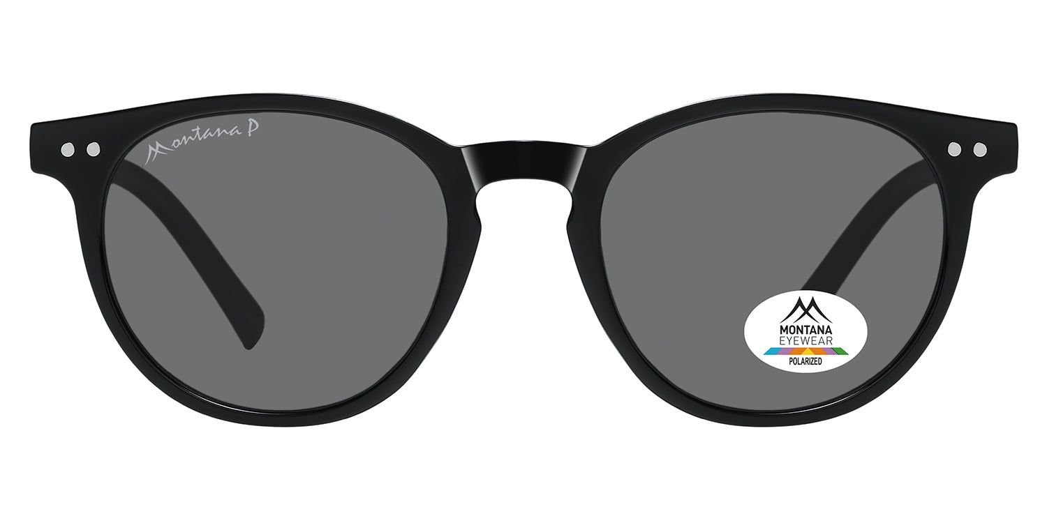 Lunettes de soleil noires, verres ronds. Logo Montana Eyewear sur la branche. Verres polarisés. Forme ronde.