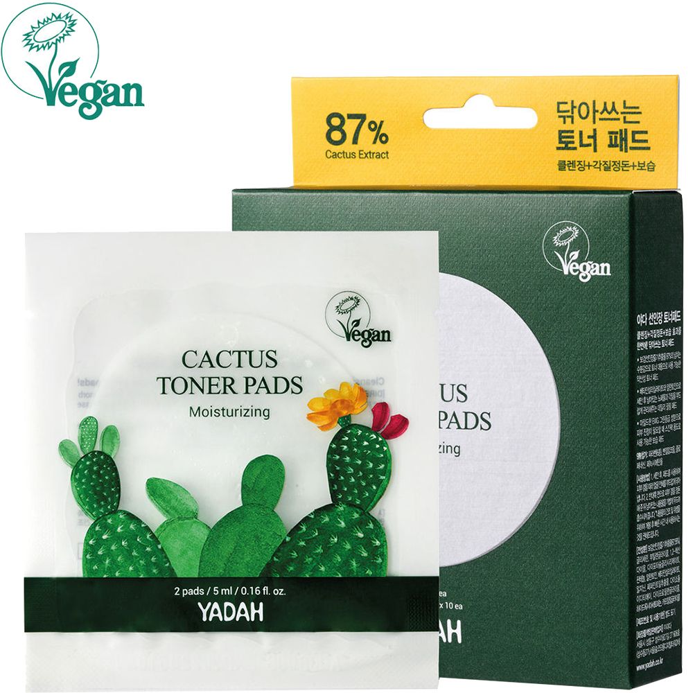 Verpakking met pads en doos. Pads met cactusillustratie, opschrift: Cactus Toner Pads, Vegan-label. Merk: YADAH.