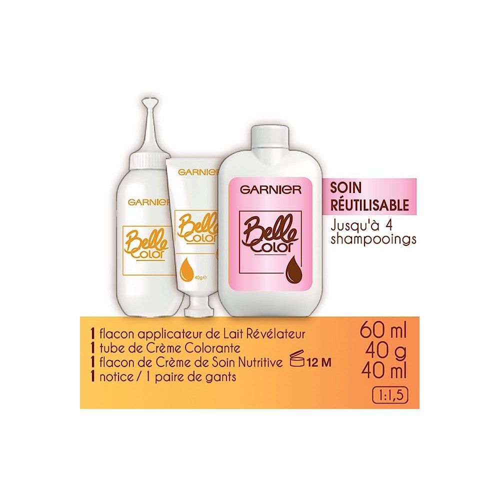 Garnier Belle Color. 3 flessen en een tube. Bevat: applicator, crème, verzorgende crème, handschoenen.