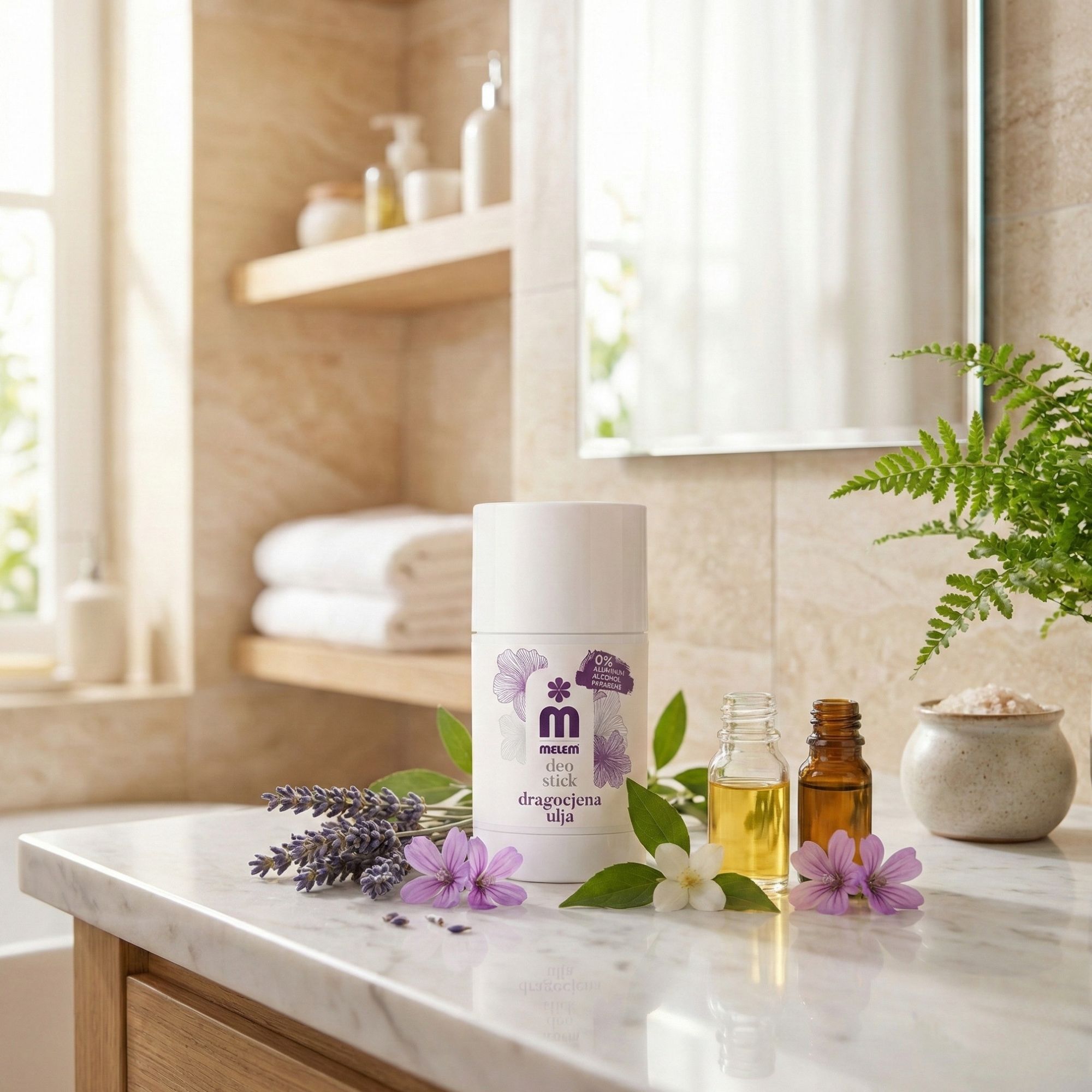 Witte deodorantstick met paars bloemmotief. Op marmer, met olieflessen en bloemen.