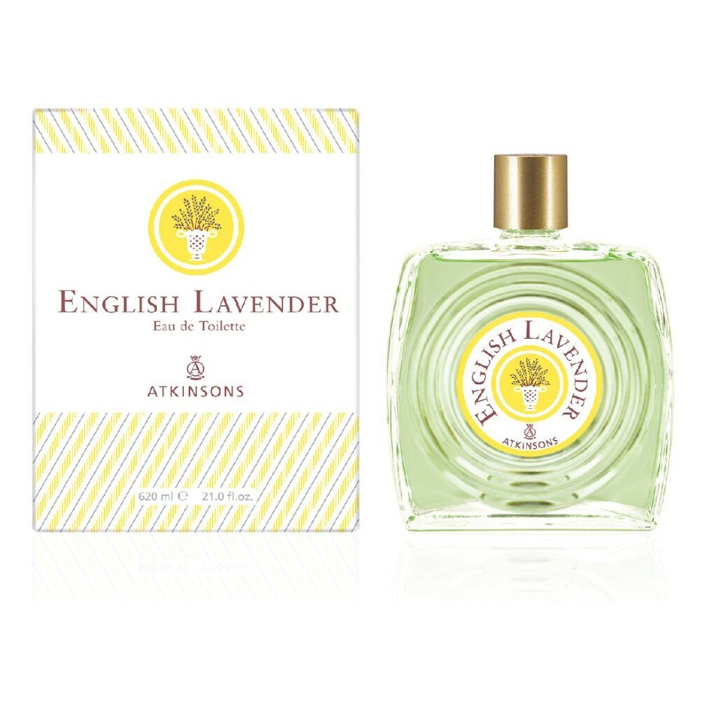 Atkinsons English Lavender Eau de Toilette. Flacon et emballage. Flacon carré, vert clair. Emballage blanc avec des accents jaunes.