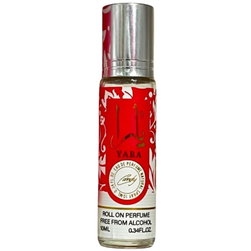 Flacon de parfum roll-on avec bouchon argenté. Autocollant rouge avec motif blanc et texte: YARA, Candy, Roll On Perfume, Free From Alcohol.