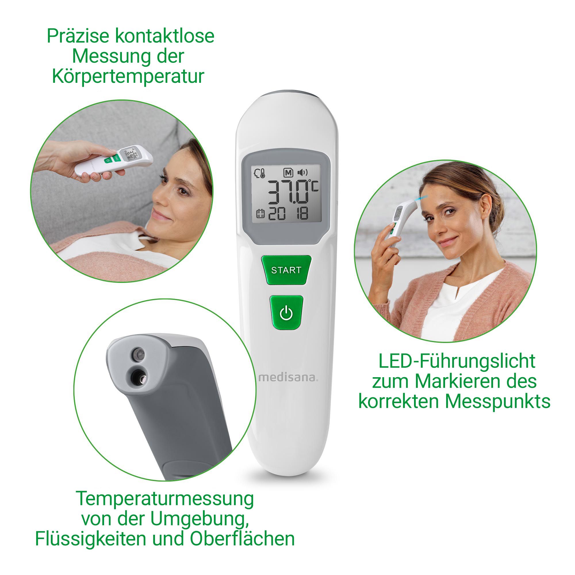 Thermomètre sans contact, gros plan de la pointe et instructions d'utilisation.