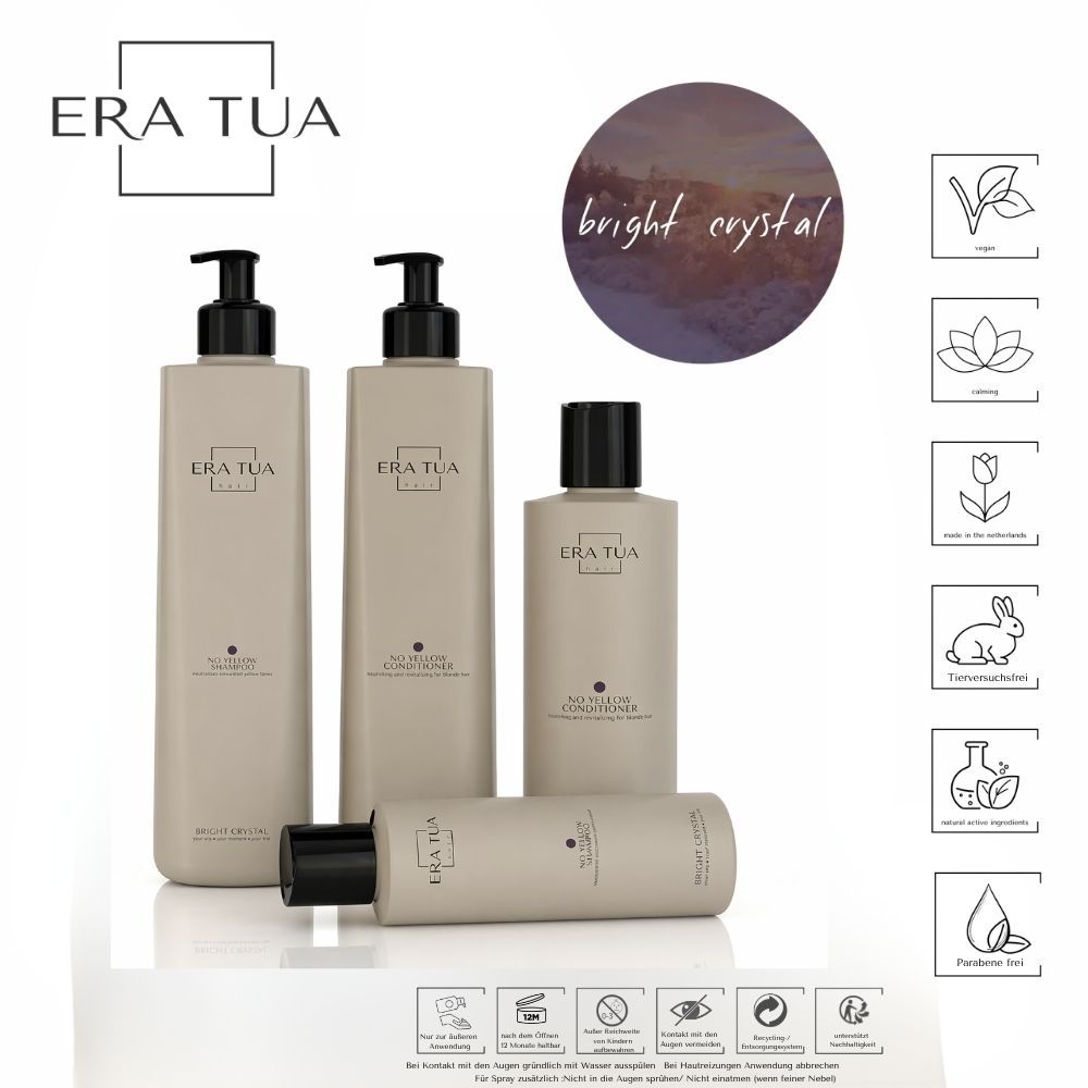 Quatre flacons et un tube. Texte: Era Tua, Bright Crystal. Produits: Shampooing, Conditionneur. Symboles: Vegan, Sans cruauté.