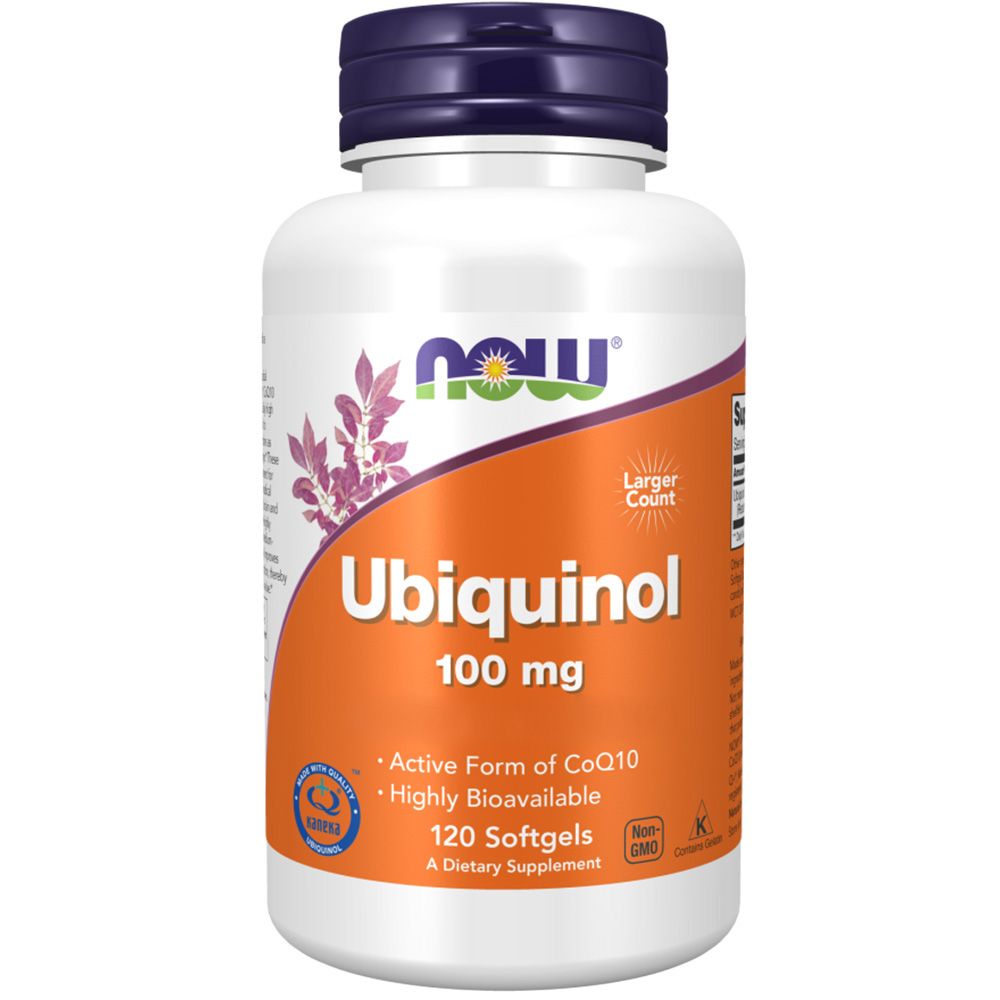 Flacon blanc, bouchon violet. Étiquette orange avec "Ubiquinol 100 mg" et logo "NOW". 120 gélules. Certifications.