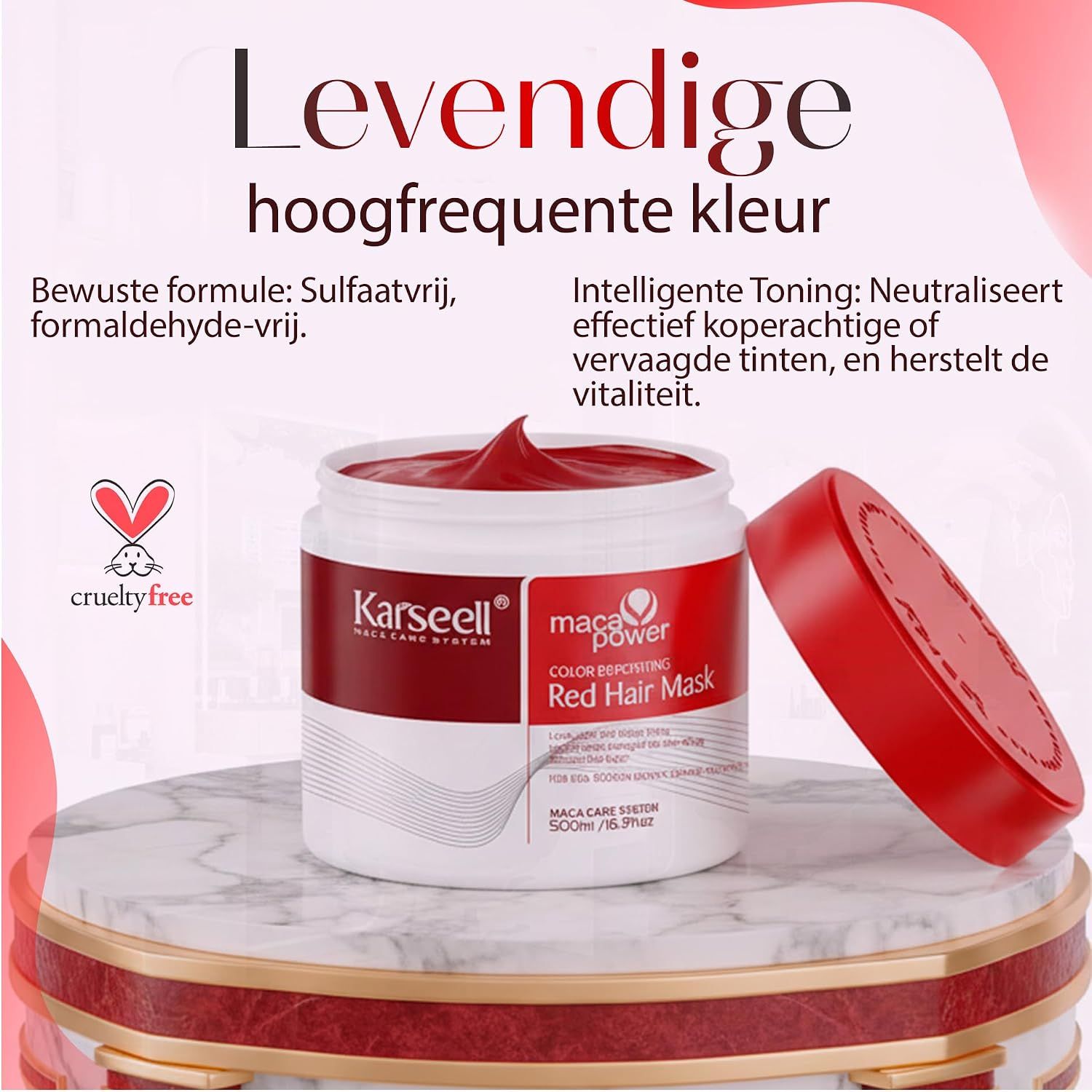Karseell Maca Power Rode Haarmasker in witte pot met rood deksel. 500ml / 16.9oz. Cruelty-free logo.