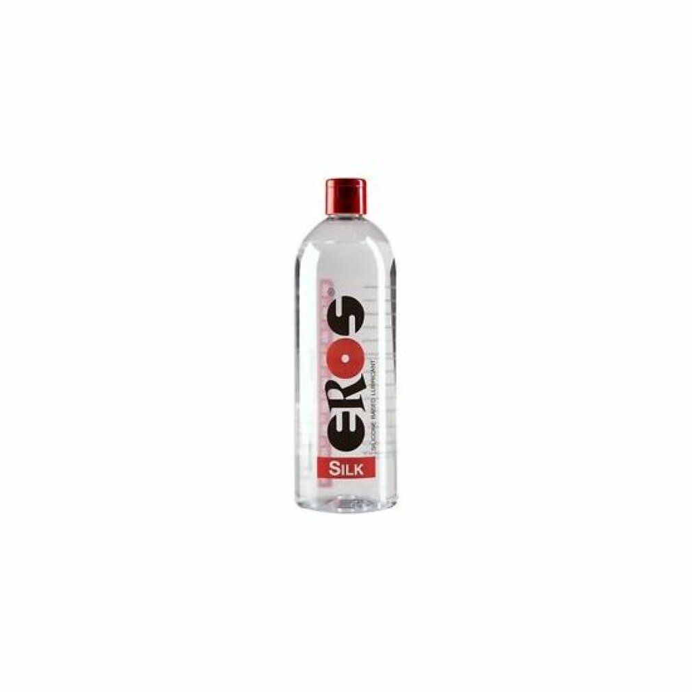 Flacon transparent avec bouchon rouge. Inscription : EROS, SILK. Texte : SILICONE BASED LUBRICANT.