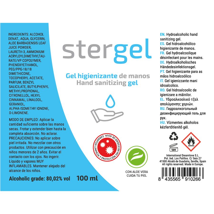 Achterkant van de Stergel handdesinfecterende gel fles met ingrediënten en instructies.