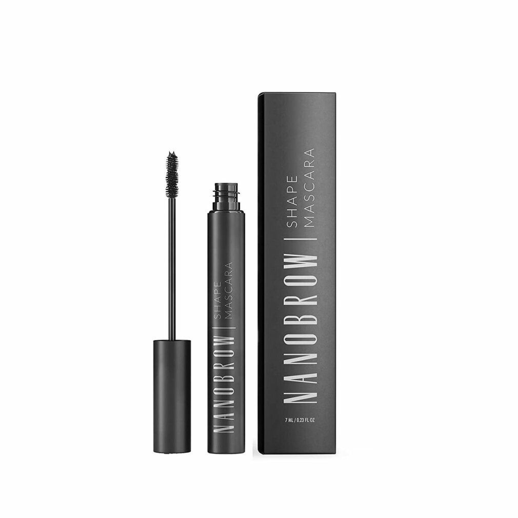 Zwarte mascara met borstel en verpakking. Op de verpakking staat "NANOBROW SHAPE MASCARA".