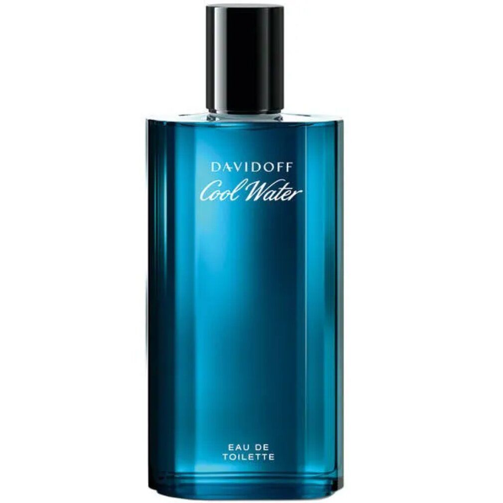 Davidoff Cool Water Eau de Toilette fles. Blauw glas, zwarte dop. Opschrift: Davidoff Cool Water, Eau de Toilette.