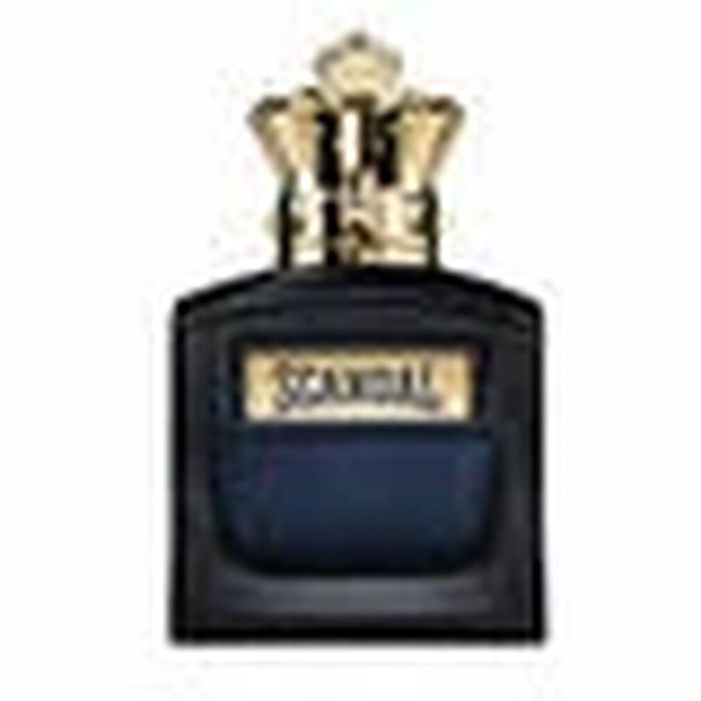 Donkerblauwe flacon met gouden kroon en "SCANDAL"-opschrift.