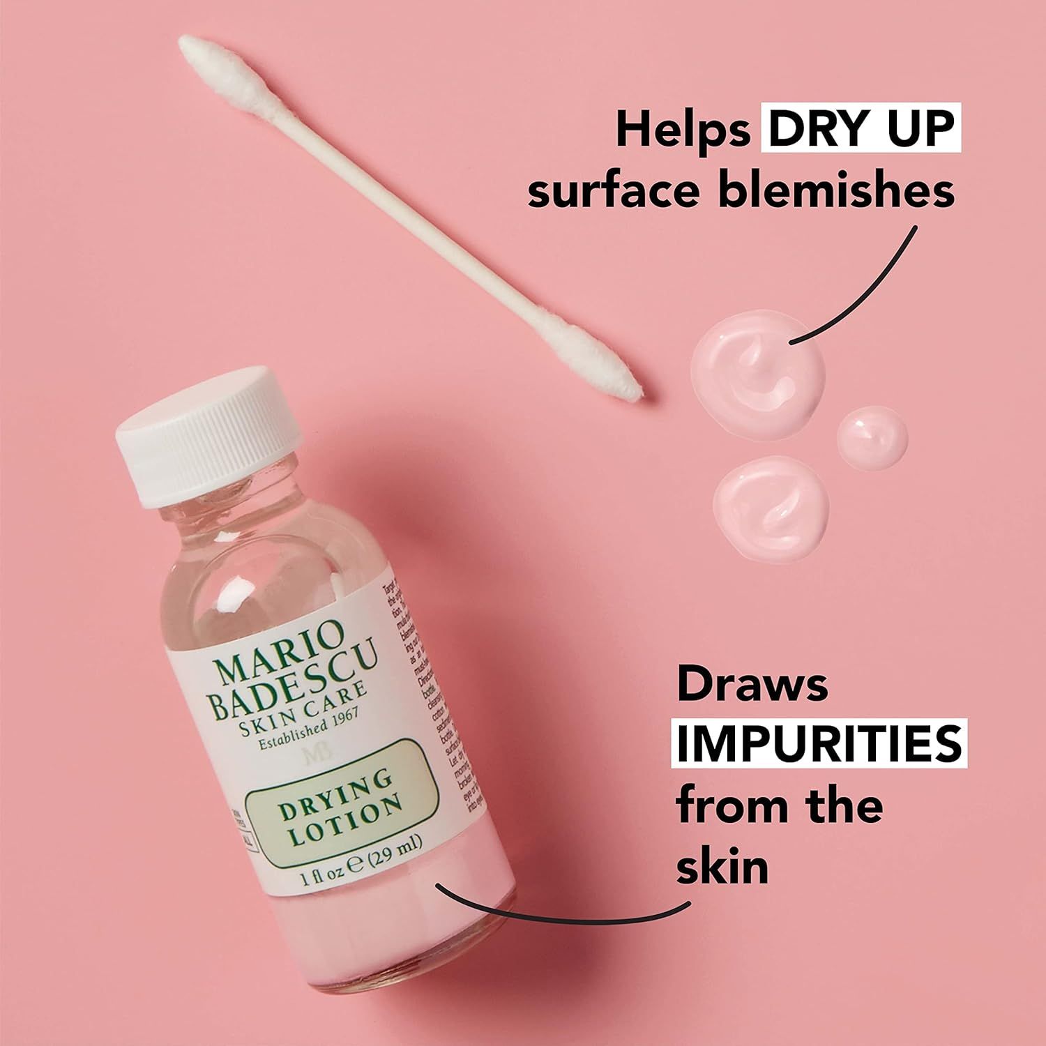 Flesje Drying Lotion, wattenstaafje en druppels met tekst.