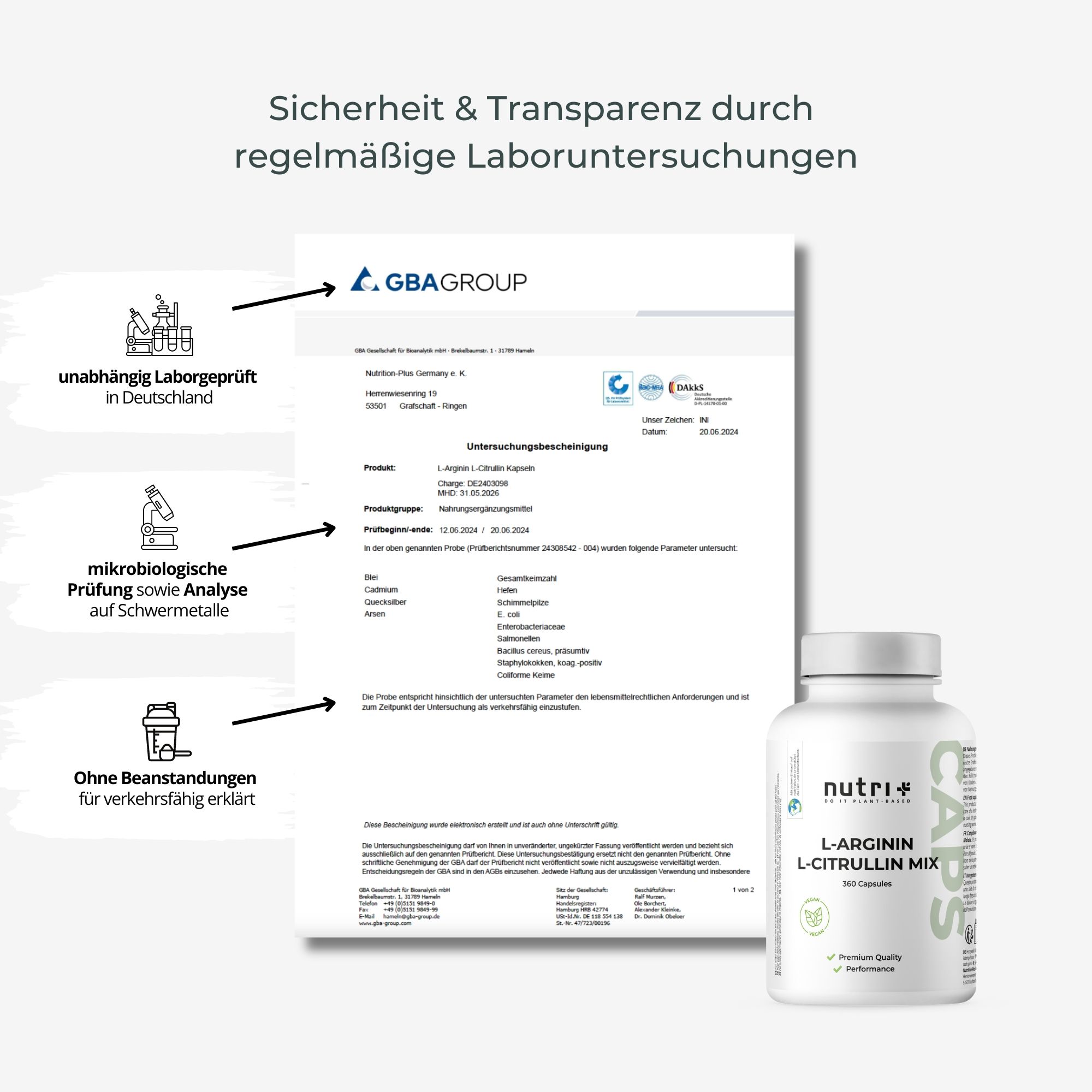 Document avec texte et flacon. Texte: Sécurité et transparence grâce à des analyses de laboratoire régulières. Flacon: nutri+, L-Arginine L-Citrulline Mix.
