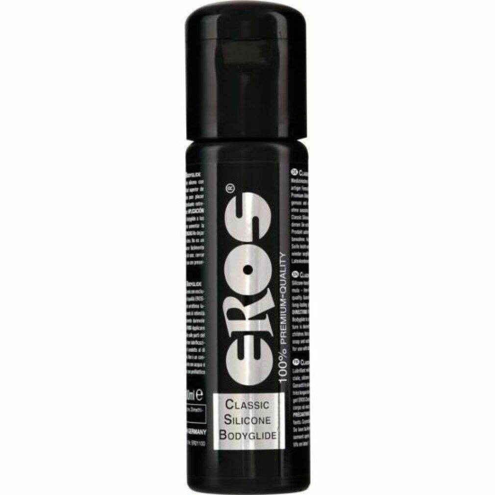 Flacon noir avec logo "Eros" et texte "Classic Silicone Bodyglide".