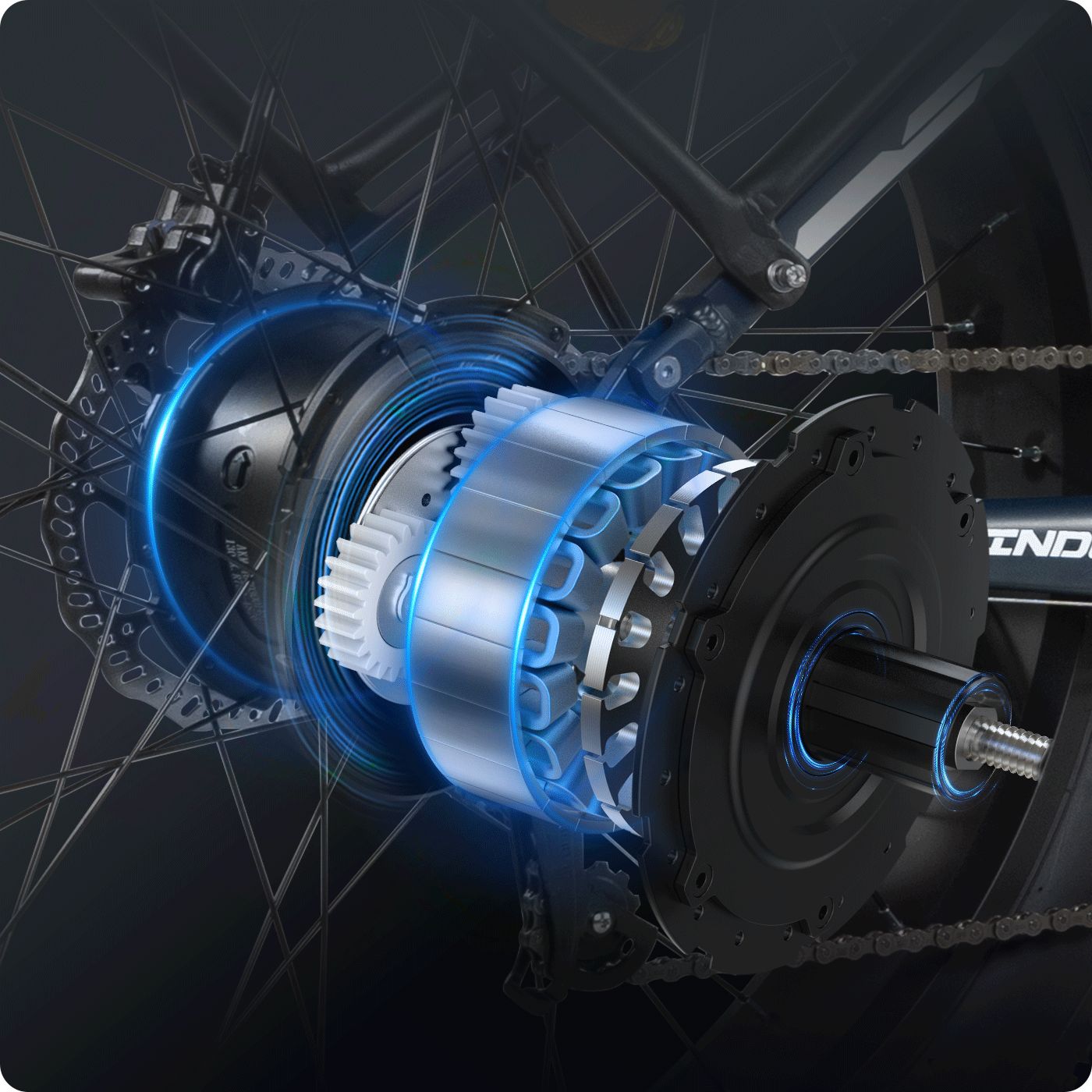 Vue détaillée du moteur. Engrenages, chaîne, transmission. Moteur de vélo électrique.