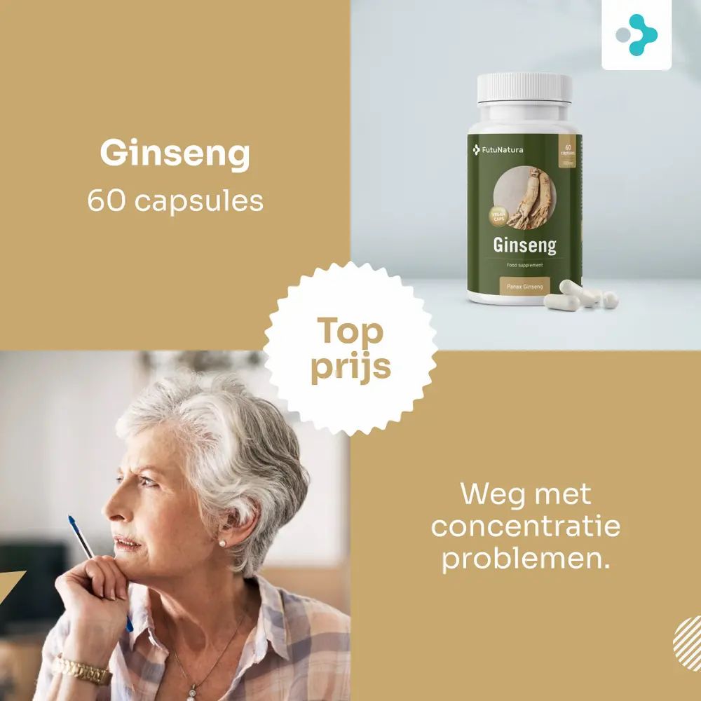 Fles FutuNatura Ginseng en capsules. Opschrift: Ginseng, 60 capsules. Vrouw met pen.