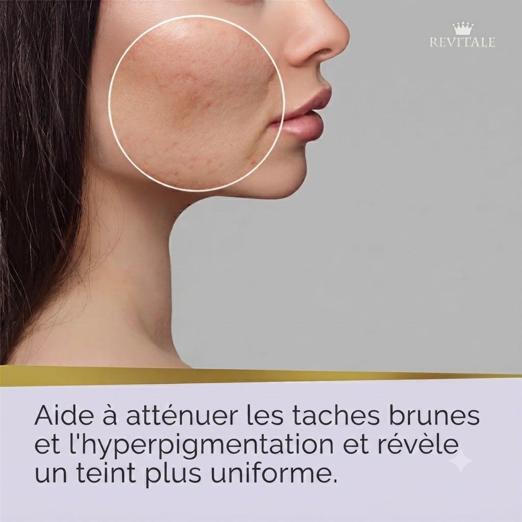 Profil d'une femme avec des taches cutanées et une hyperpigmentation sur la joue, entourées d'un cercle.