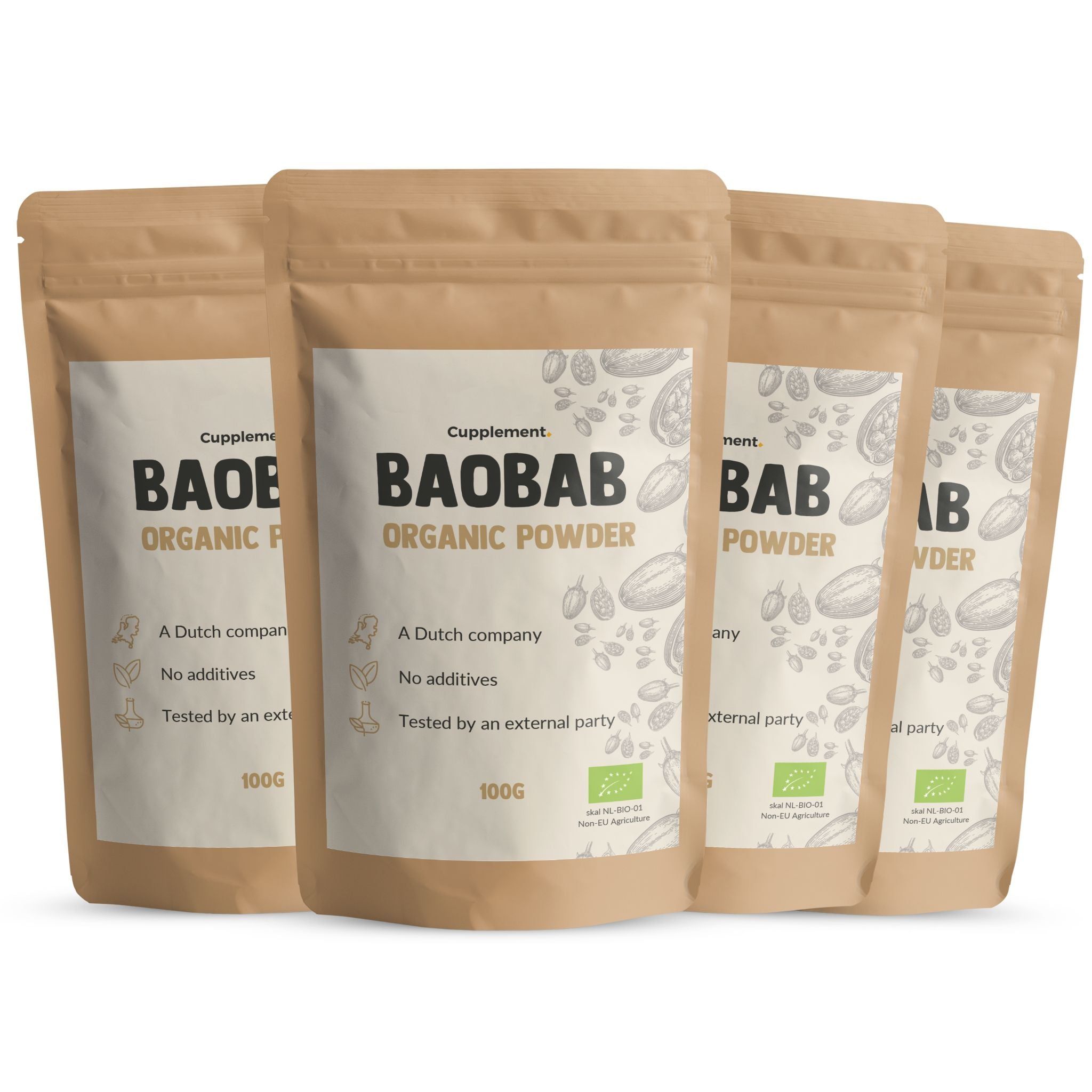 Vier zakjes Cupplement Baobab poeder. Bruine zakjes met wit etiket. BIO-keurmerk. 100g. Opschrift: Baobab Organic Powder.