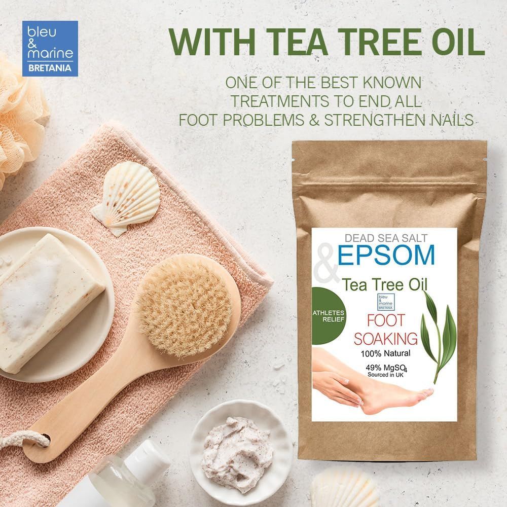 Emballage produit 'Dead Sea Salt & Epsom Tea Tree Oil Foot Soaking'. Autres: brosse, serviette, coquillages. Marque: bleu & marine Bretania.