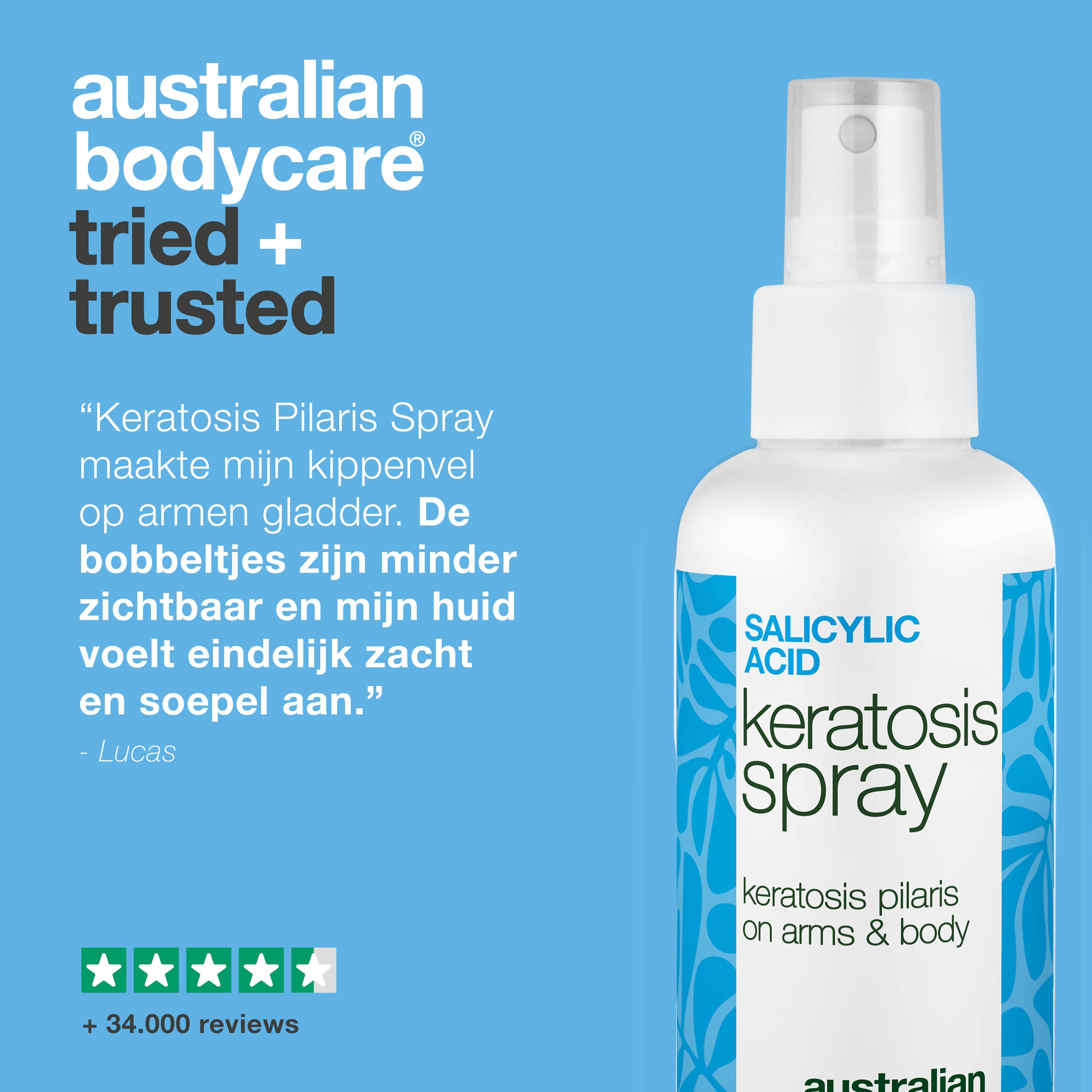 Spray: Keratosis Spray, Australian Bodycare. Tekst: Tried + Trusted. Citaat en 5-sterren beoordeling.