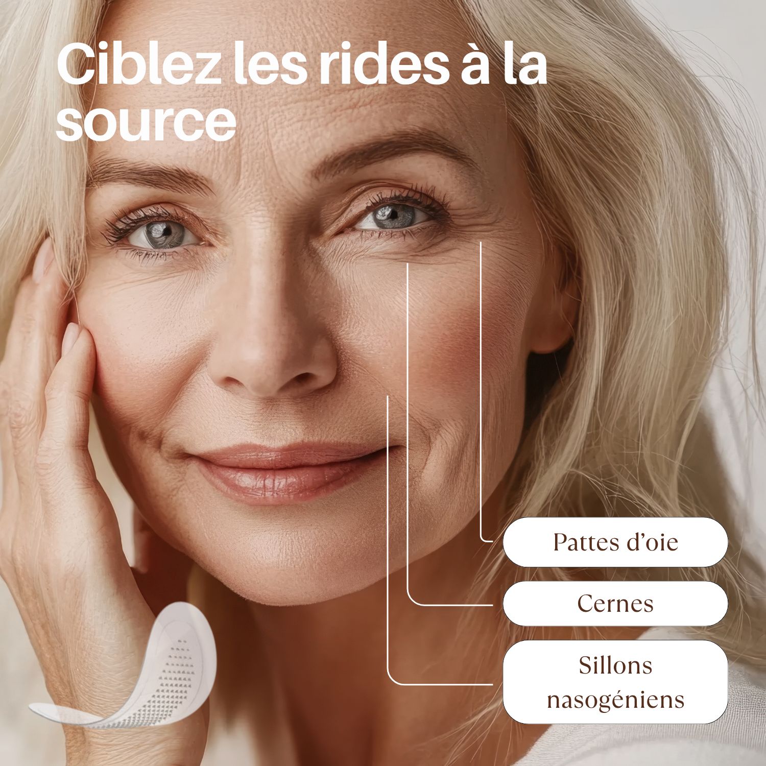Femme avec patchs yeux. Texte : Ciblez les rides à la source. Pattes d'oie, cernes.