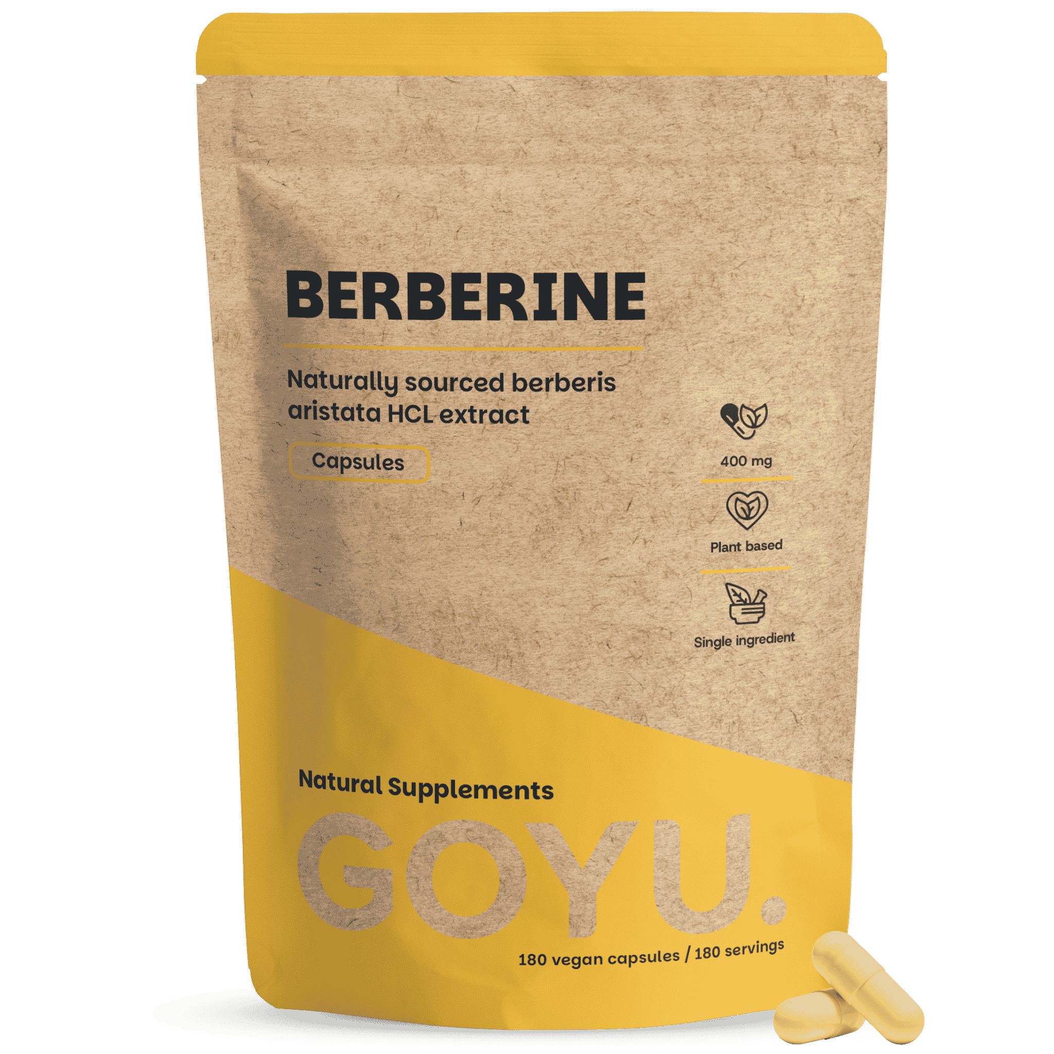 Bruine zakverpakking met GOYU-logo, met berberine capsules. 400 mg, plantaardig, enkel ingrediënt.