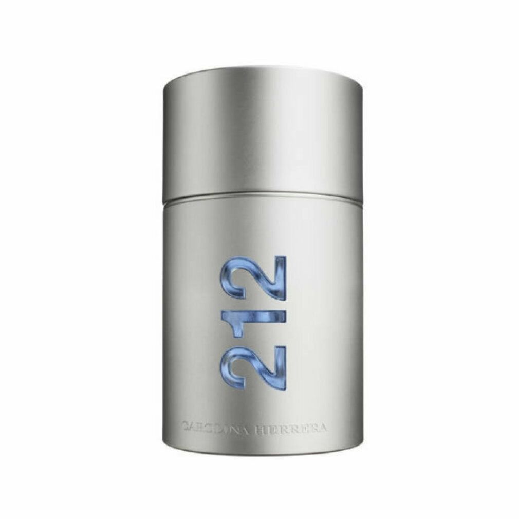 Flacon de parfum argenté avec l'inscription bleue "212" et "Carolina Herrera" en dessous.